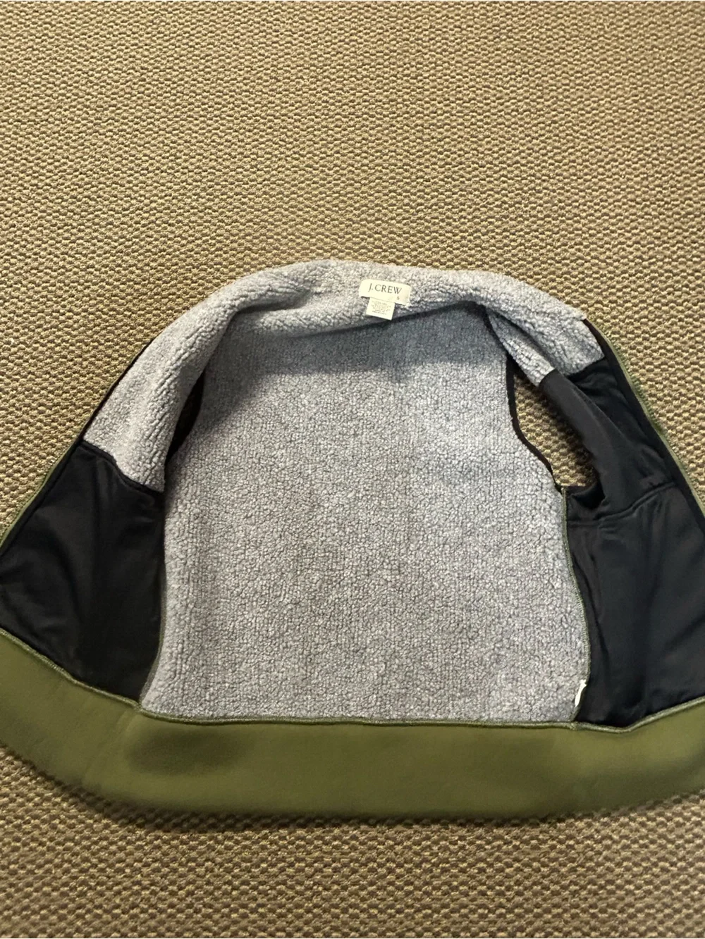 J. Crew Olive Green Vest with Grey Sherpa Lining